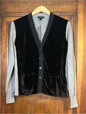 J Crew Velvet Front Merino Wool Blend Cardigan Gray Black Size M NWT